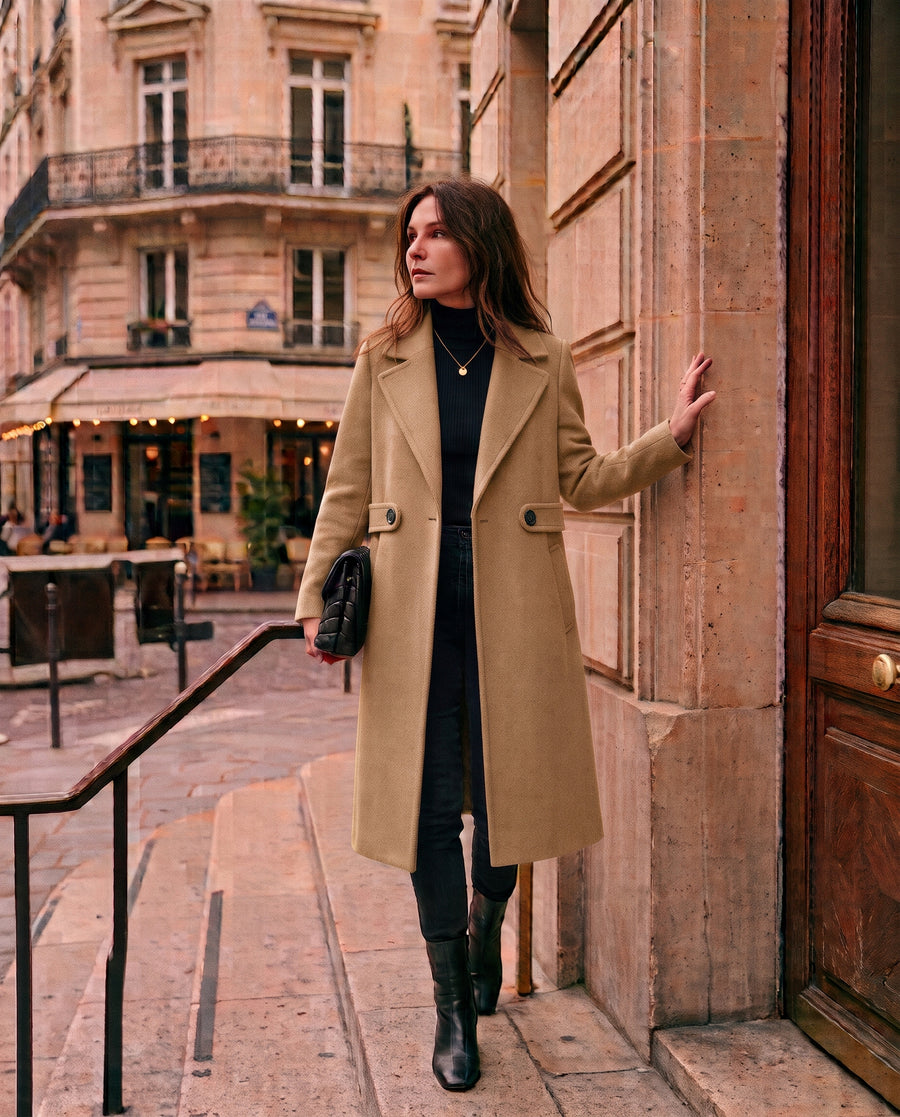 Veste Tailleur Mi-Longue Structurée en Drap de Laine