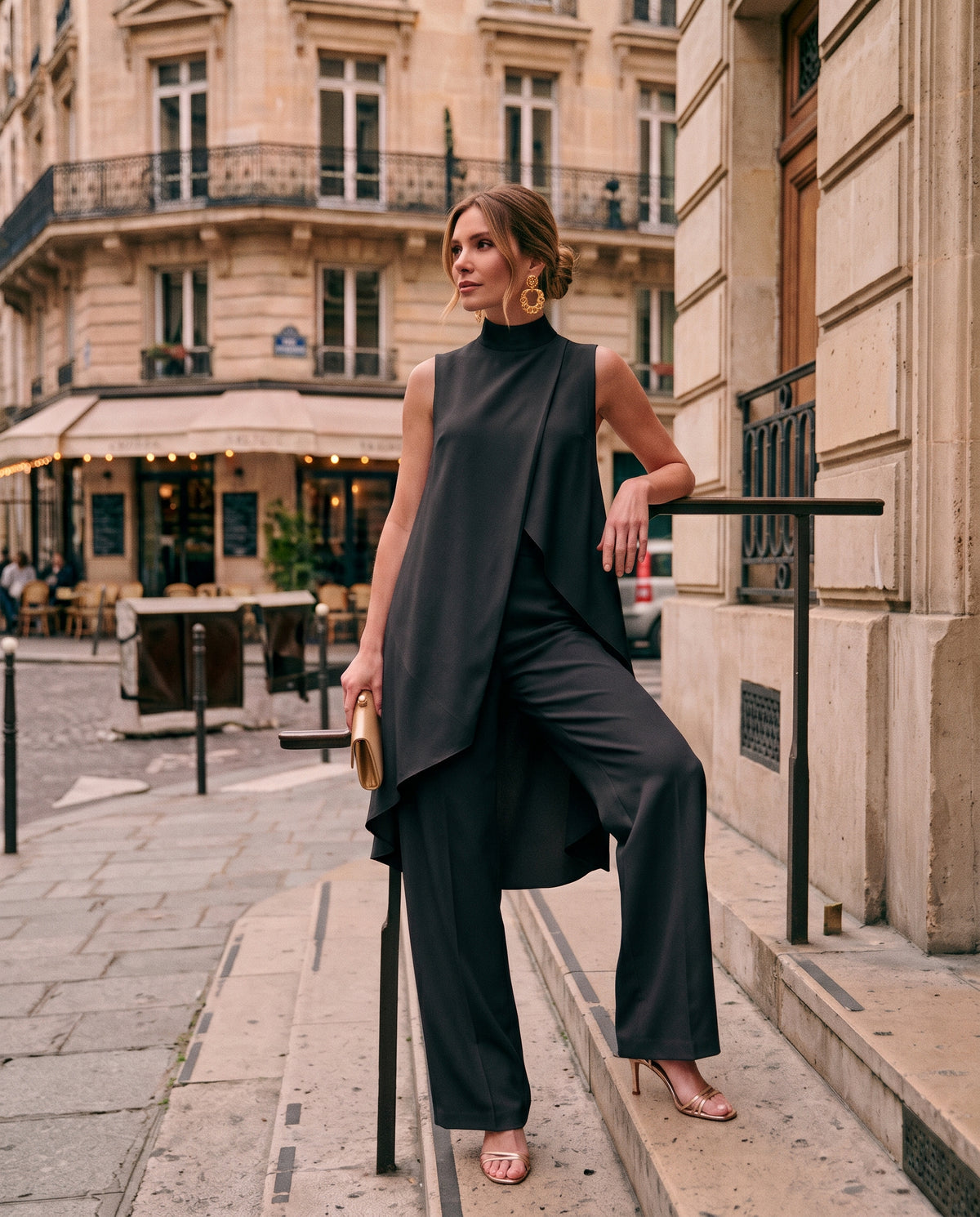 Ensemble 2 Pièces en Maille Côtelée Chic (Col Montant & Pantalon Palazzo)