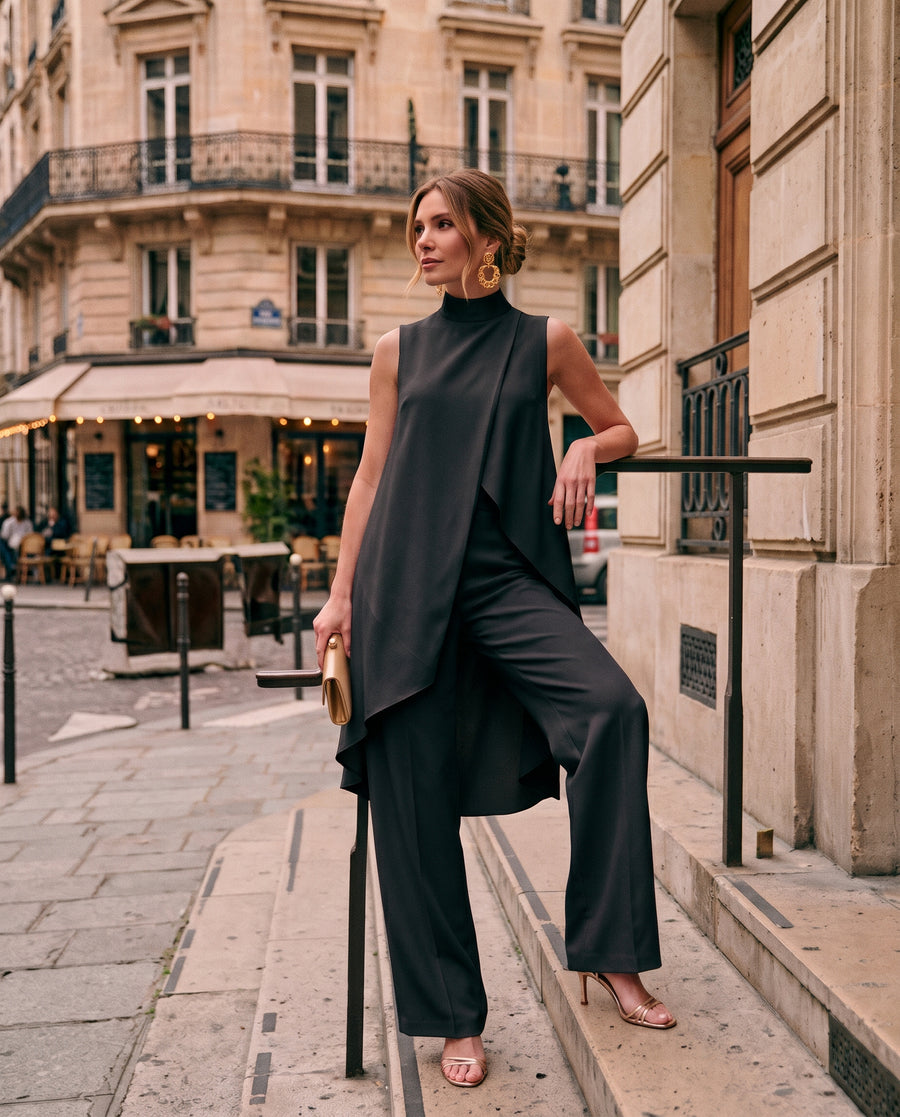 Ensemble 2 Pièces en Maille Côtelée Chic (Col Montant & Pantalon Palazzo)