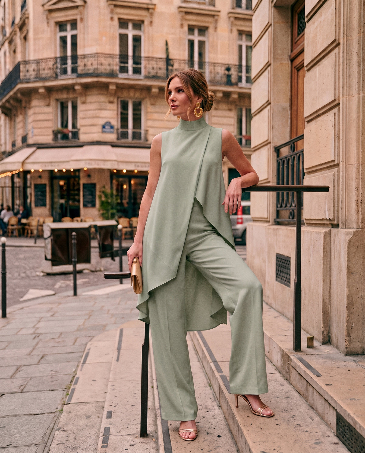Ensemble 2 Pièces en Maille Côtelée Chic (Col Montant & Pantalon Palazzo)