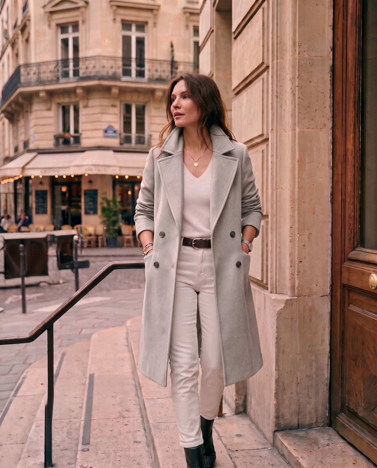 Céleste – Blazer Croisé en Drap de Laine & Manches en Maille Côtelée